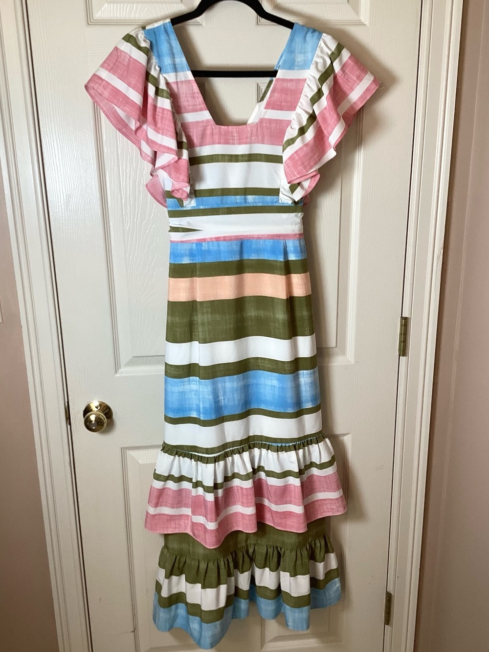 Entro Striped Ruffle Maxi Dress Pink, Blue, Olive & White - Size S